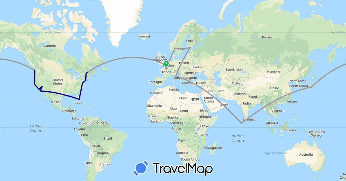 TravelMap itinerary: driving, bus, plane in Canada, Finland, France, United Kingdom, Italy, Japan, Maldives, Norway, Sweden, United States (Asia, Europe, North America)